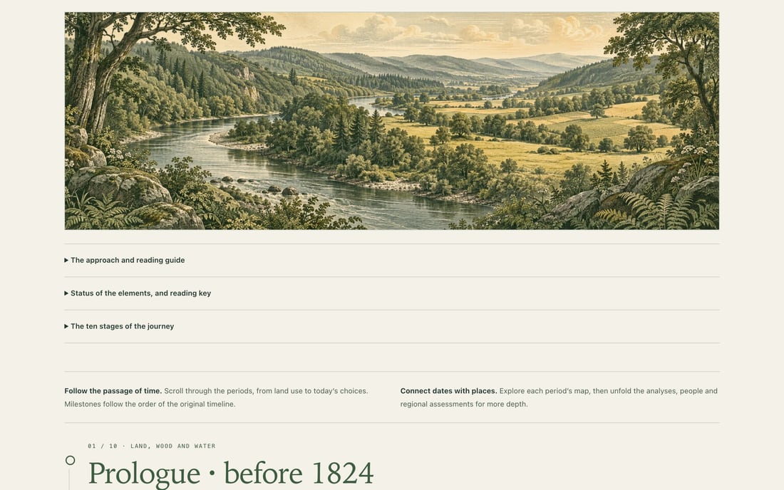 The opening of the timeline: an engraved pre-industrial valley, then the first of the ten stages of the journey, “Prologue · before 1824”.