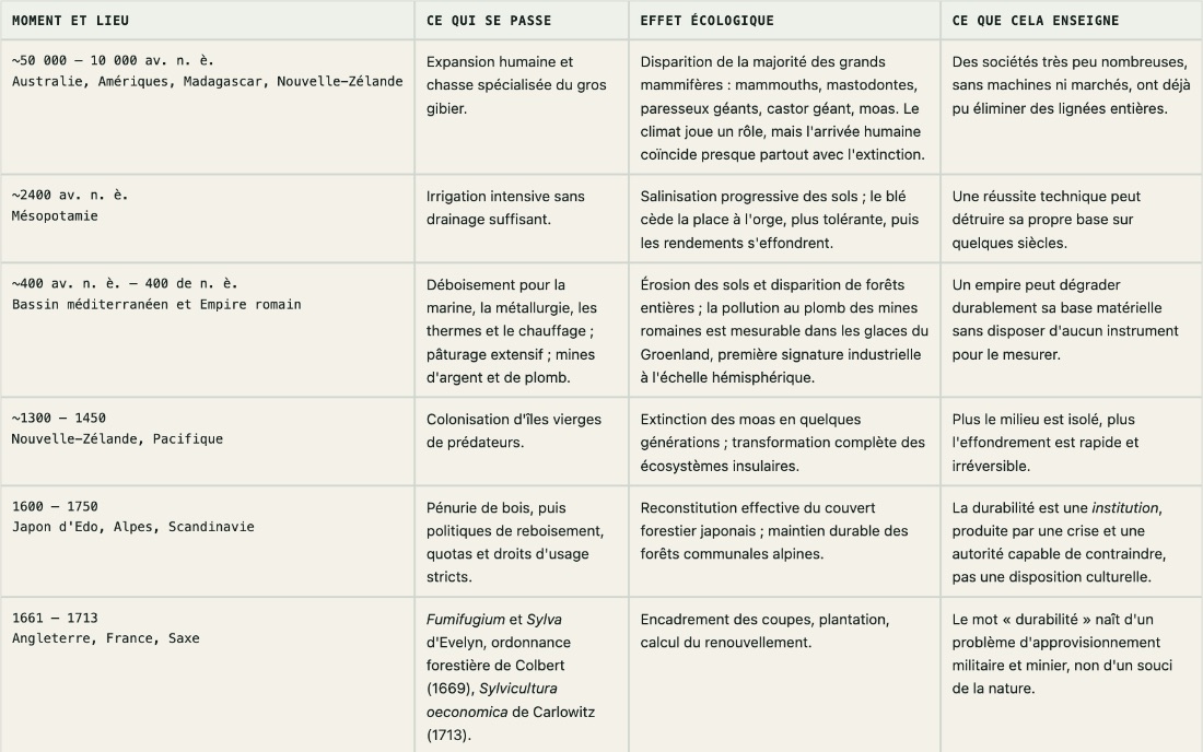 A period table from the timeline: moment and place, what happens, ecological effect, what it teaches.