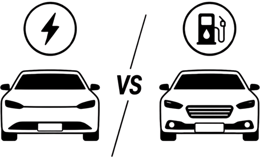 Visual comparison of an electric and a combustion vehicle.