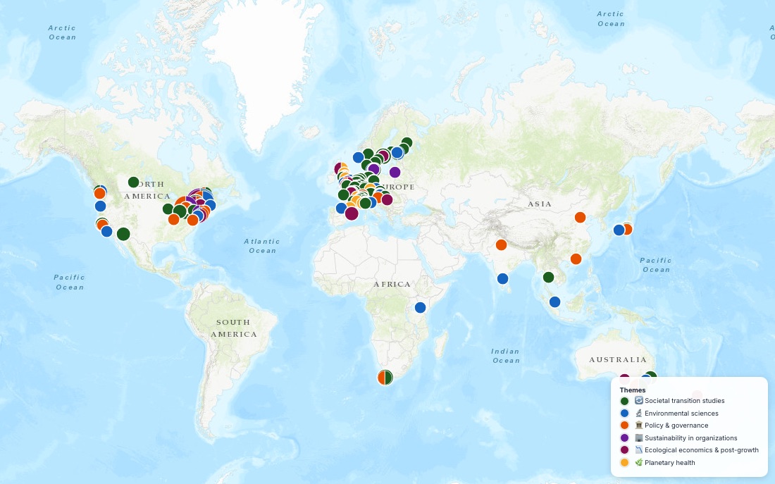 World map of study programs, one pin per institution.