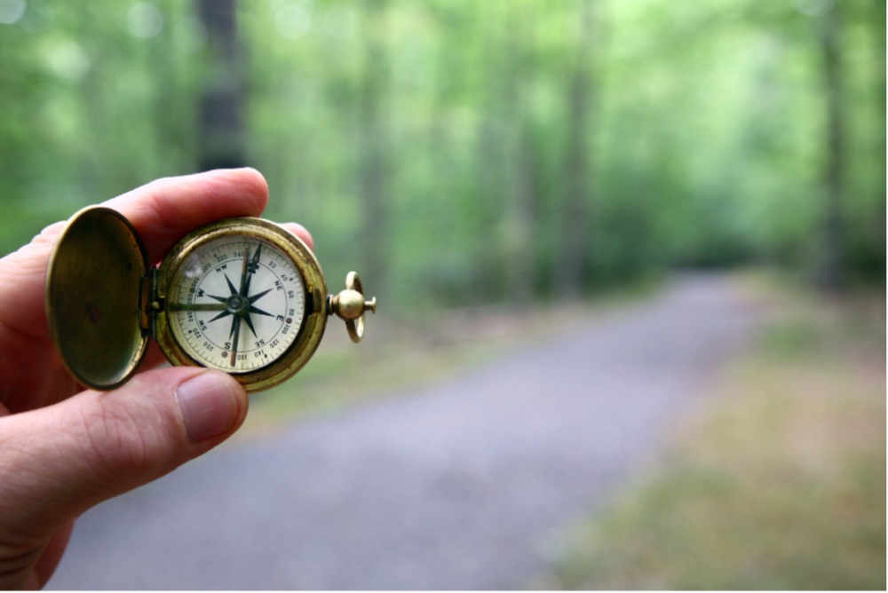 A hand holds an open brass compass in front of a forest path.